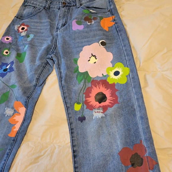 Misslook Hippie Floral Straight Leg Jeans Mid Rise Light Wash Size L - Picture 13 of 16